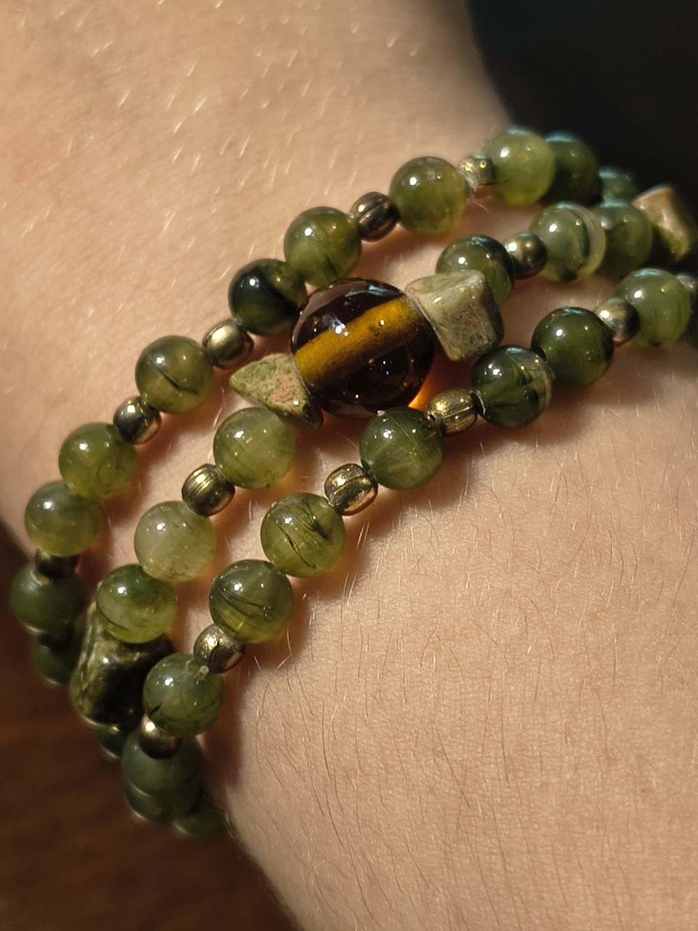 Green Beaded Wrap Bracelet with Real Stone